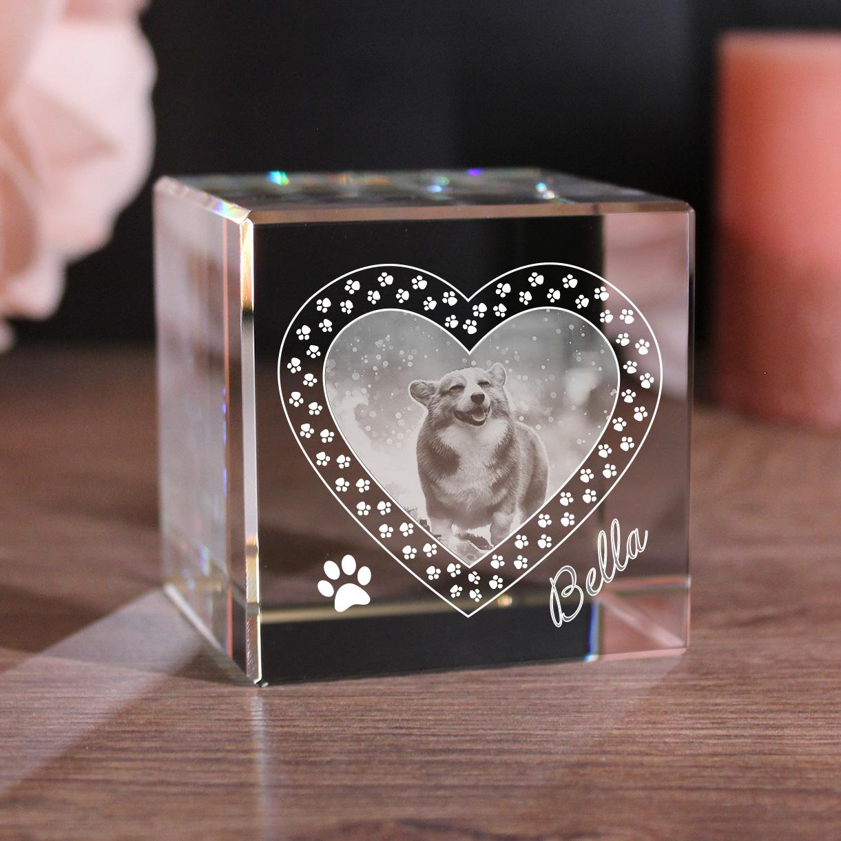 Petmemoria 2D Glaskristall Würfel mit Pfoten-Herzrahmen